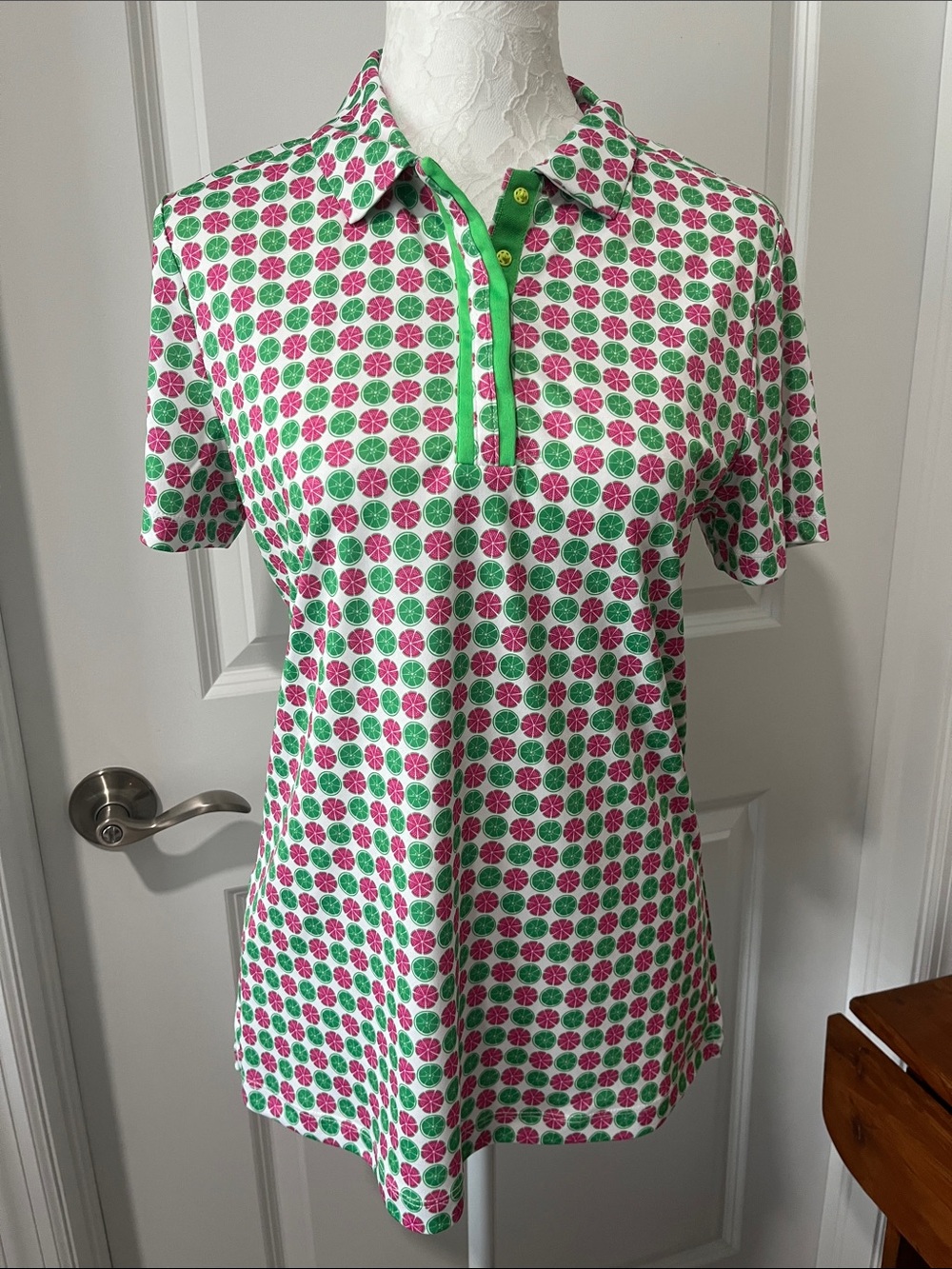 PGA Tour Pink & Green Fruit Printed Short Sleeve Polo NWOT